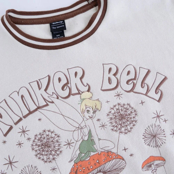Disney Our Universe Embroidered Tinkerbell Cream And Brown Crew Neck Sweater Med - Picture 5 of 11